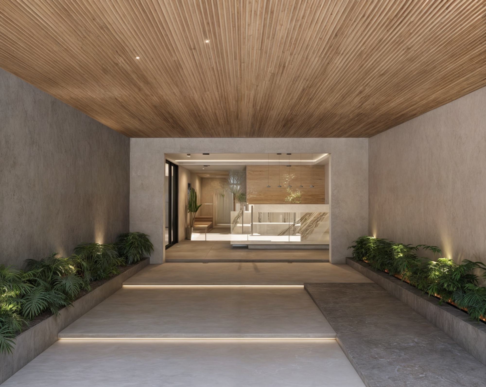 Entrada principal del desarrollo Macondo Punta Esmeralda con iluminación cálida, techo de madera, paredes de concreto pulido y jardineras laterales con plantas tropicales, dentro de los departamentos en venta en Playa del Carmen.