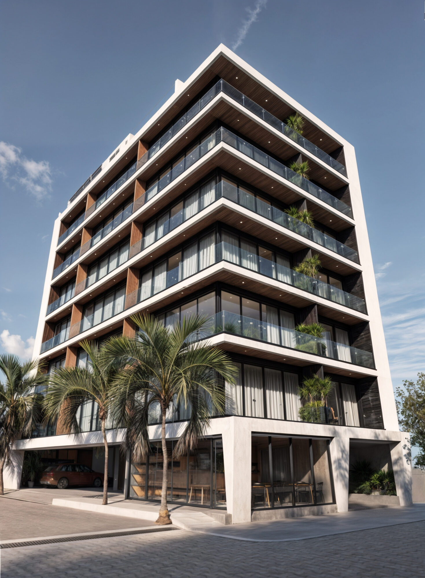 Fachada moderna del edificio Macondo Punta Esmeralda, un desarrollo con departamentos en venta en Playa del Carmen, con amplios ventanales, balcones con vegetación y acabados en madera natural.