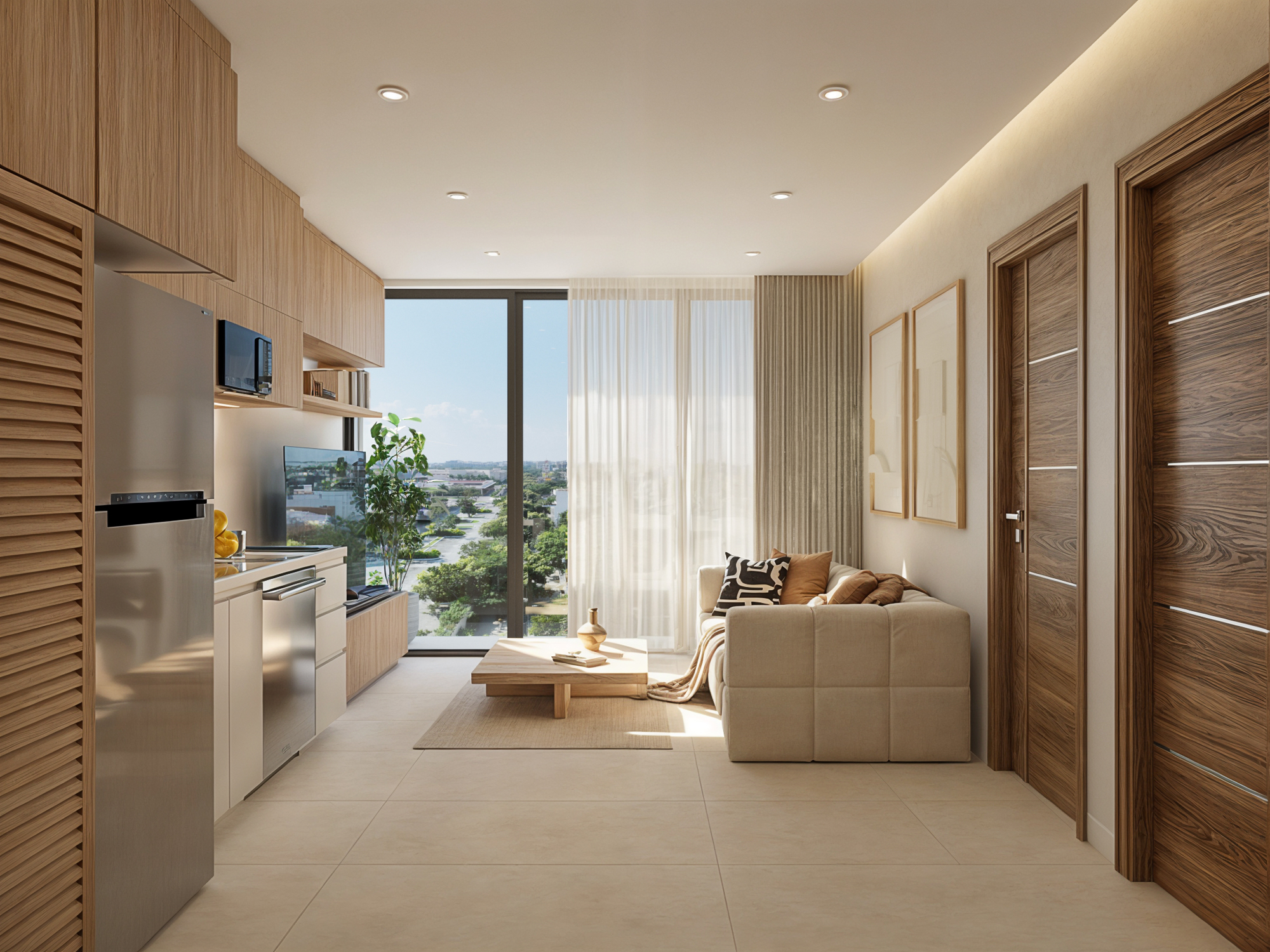 Sala y cocina integradas del desarrollo Macondo Punta Esmeralda, con mobiliario en tonos neutros, acabados de madera clara, ventanal con vista exterior y diseño minimalista, dentro de los departamentos en venta en Playa del Carmen.