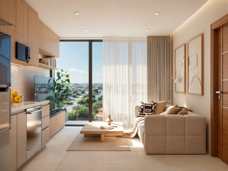 Sala y cocina integradas del desarrollo Macondo Punta Esmeralda, con ventanales de piso a techo, sofá en tonos neutros, mesa de centro de madera y vista panorámica, dentro de los departamentos en venta en Playa del Carmen.