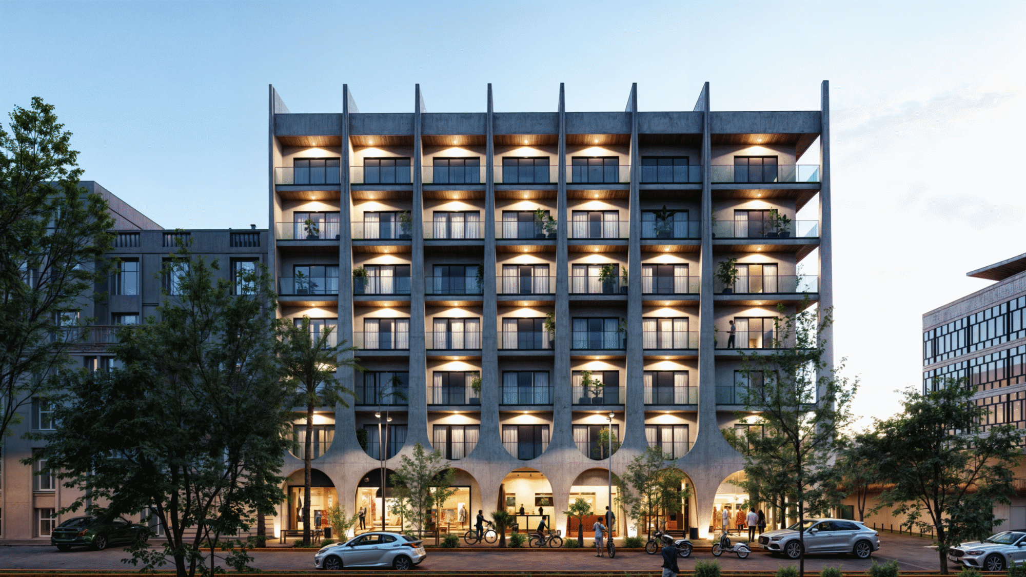 Fachada principal de Macondo Corazón en Playa del Carmen, edificio de diseño contemporáneo con arcos escultóricos, balcones con barandales de cristal, iluminación cálida nocturna, locales comerciales en planta baja y vegetación tropical al frente. Un desarrollo con departamentos en venta en Playa del Carmen que fusiona estilo y modernidad.