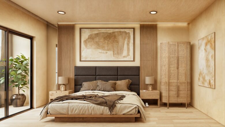 Dormitorio de una unidad en Macondo Corazón con cama de diseño contemporáneo, cabecera tapizada en tono oscuro, mobiliario de madera clara, lámparas de mesa, arte minimalista en las paredes y ventanal con salida a terraza y planta decorativa. Espacio que refleja la serenidad y el diseño de los departamentos en venta en Playa del Carmen.