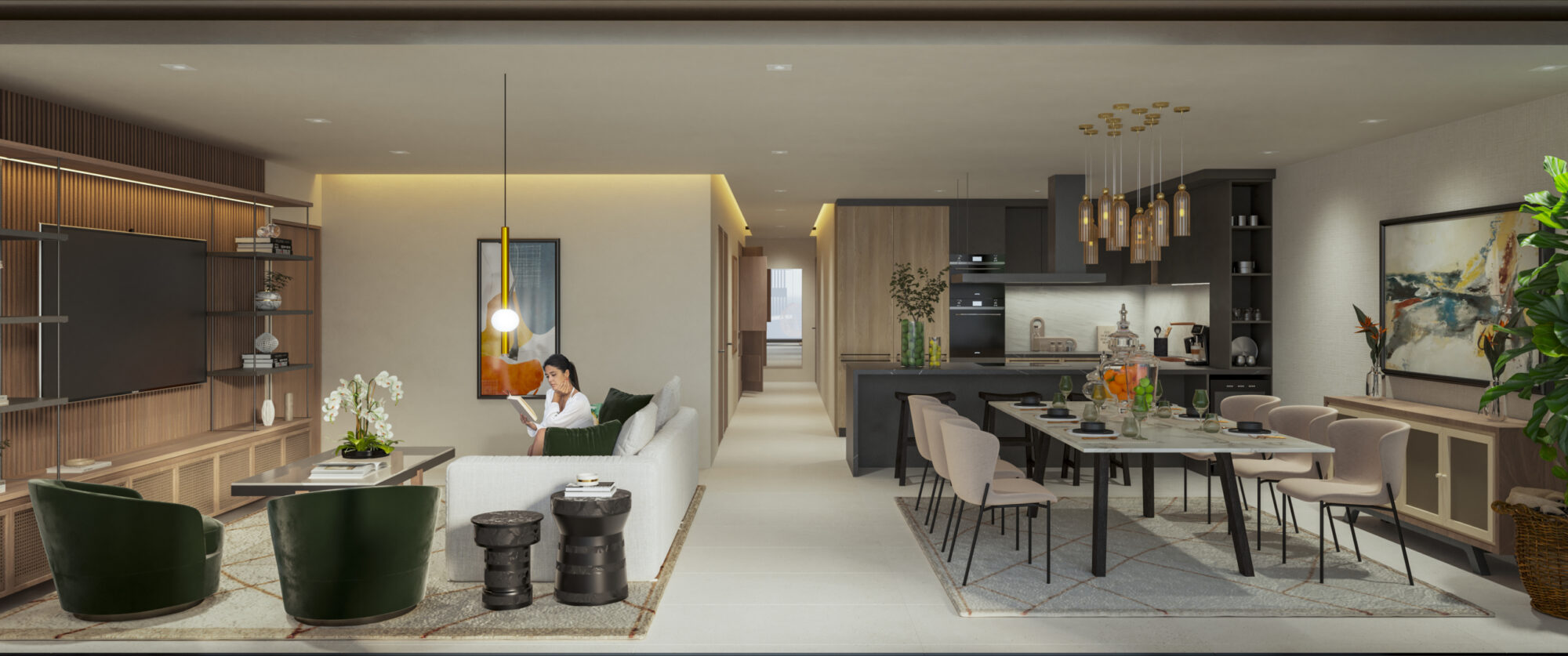 Área de sala y comedor en una unidad de Macondo Playacar, con mobiliario contemporáneo, lámparas colgantes, cocina integral moderna, mesa de comedor con seis sillas, sofá claro, sillones verdes, arte decorativo y plantas interiores. Cada detalle refleja la esencia de los departamentos en venta en Playa del Carmen, pensados para disfrutar el lujo residencial con estilo natural.