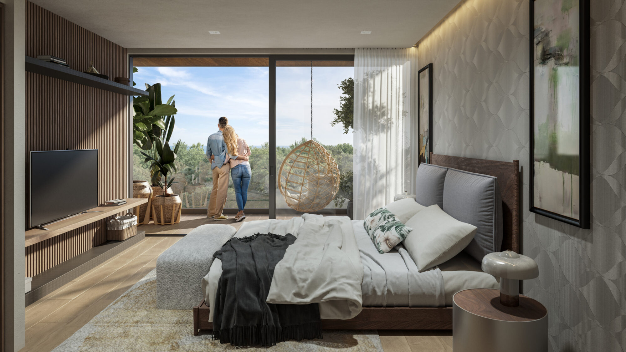 Recámara principal de una unidad en Macondo Playacar con cama matrimonial, ropa de cama en tonos claros, lámpara de mesa, sillón colgante de mimbre, televisión, plantas decorativas y vista panorámica a la vegetación tropical desde un gran ventanal. Un espacio que refleja el estilo de los departamentos en venta en Playa del Carmen dentro de este desarrollo exclusivo.